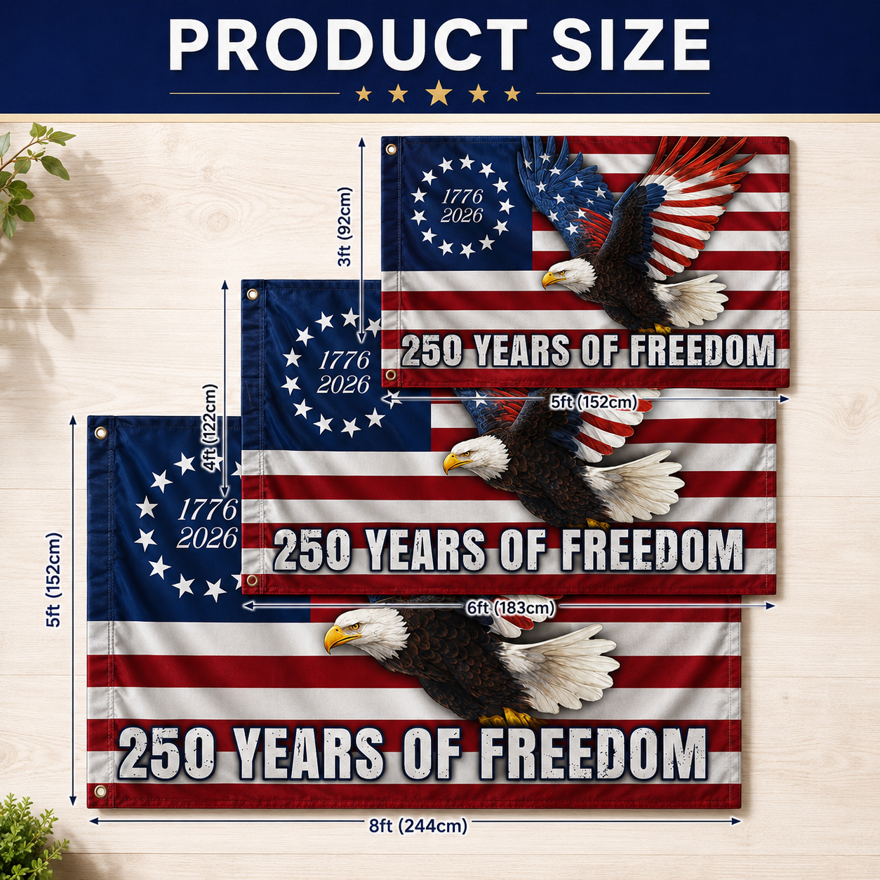 250 Years of Freedom Betsy Ross Eagle Flag – 1776–2026 Patriotic Decor