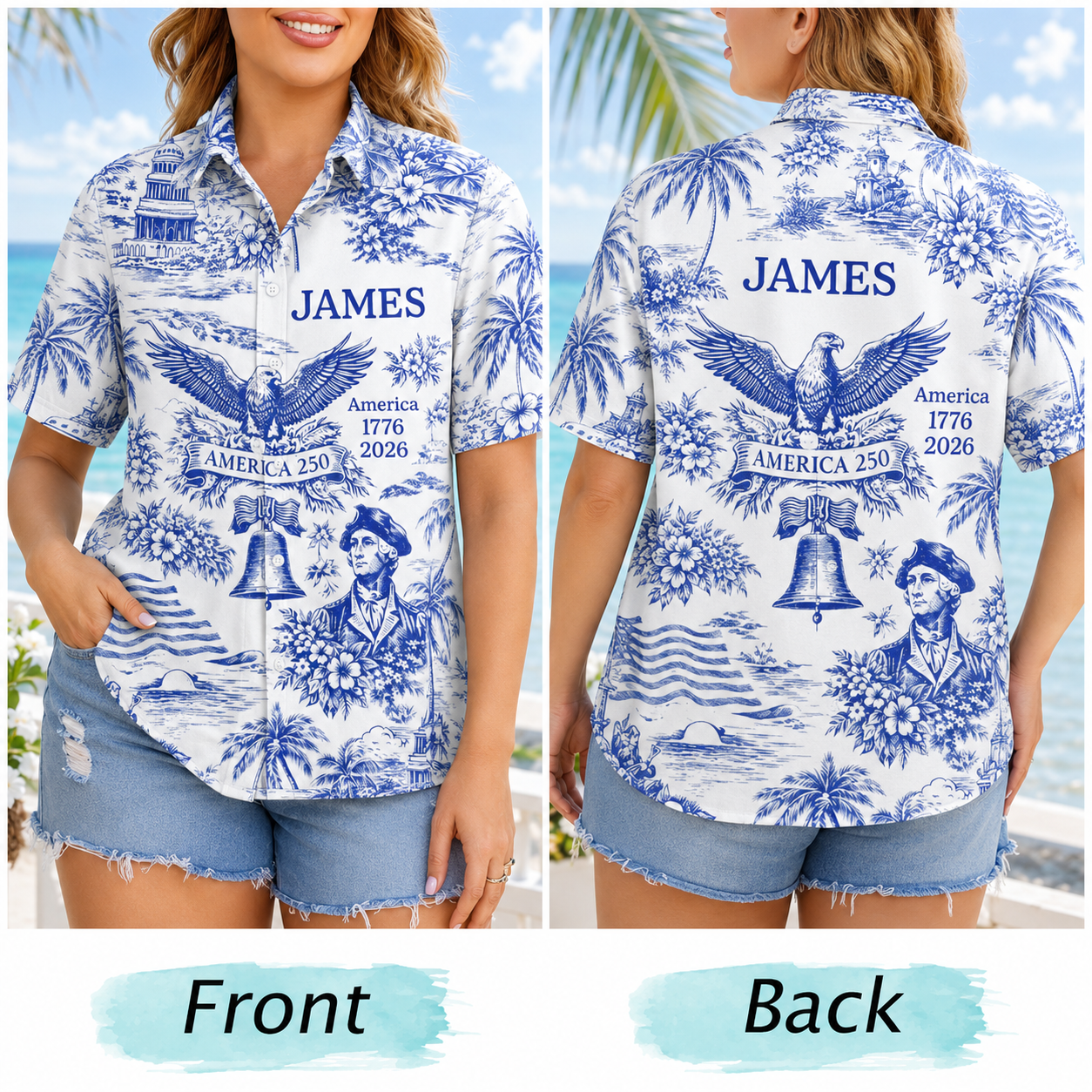 Patriotic America 250 Hawaiian Shirt – Personalized 1776–2026 250 Years of Freedom Shirt, Custom Name 4th of July Gift for Men