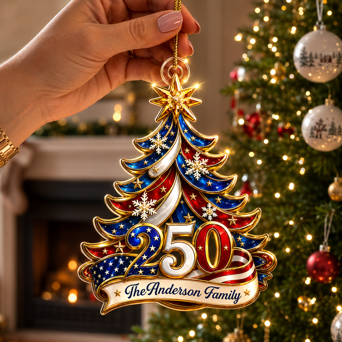 Personalized America 250 Christmas Ornament, Patriotic Acrylic Tree Ornament with Family Name, USA 250th Anniversary Keepsake, Custom Holiday Gift