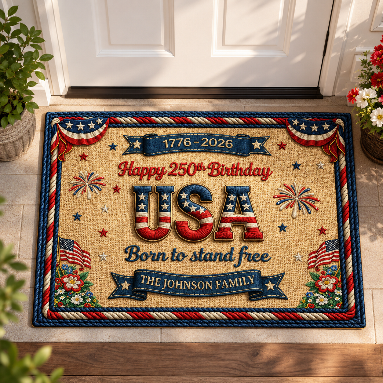 Happy 250th Birthday USA Doormat – Personalized America 250 Family Name Mat