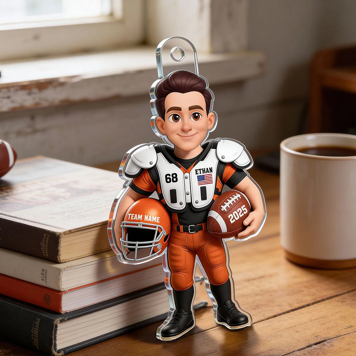 Personalized American Football Player Car Ornament, 3D Effect Acrylic Hanger, Gift for Football Lover Son Grandson Husband Dad