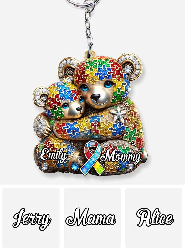 Personalized Mama Bear Autism Awareness Keychain, Custom Acrylic Wood Key Ring, Meaningful Gift for Mom Mother Family Supporter