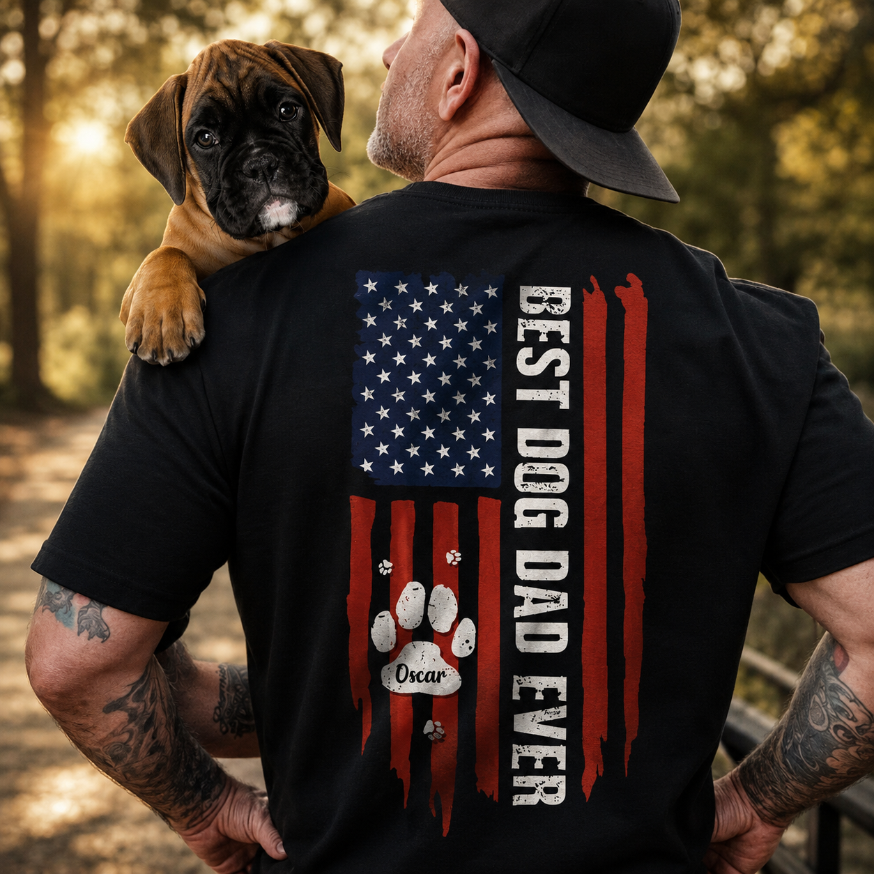 Best Dog Dad Ever American Flag Shirt – Personalized Paw Back Print