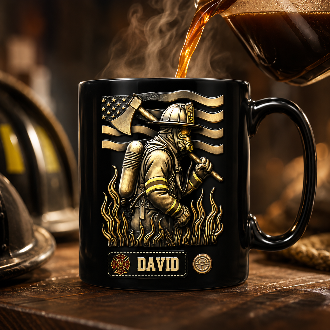 Proud Firefighter Personalized 3D Black Mug with Custom Name, Ceramic Coffee Mug Gift for Firefighters, EMTs & First Responders
