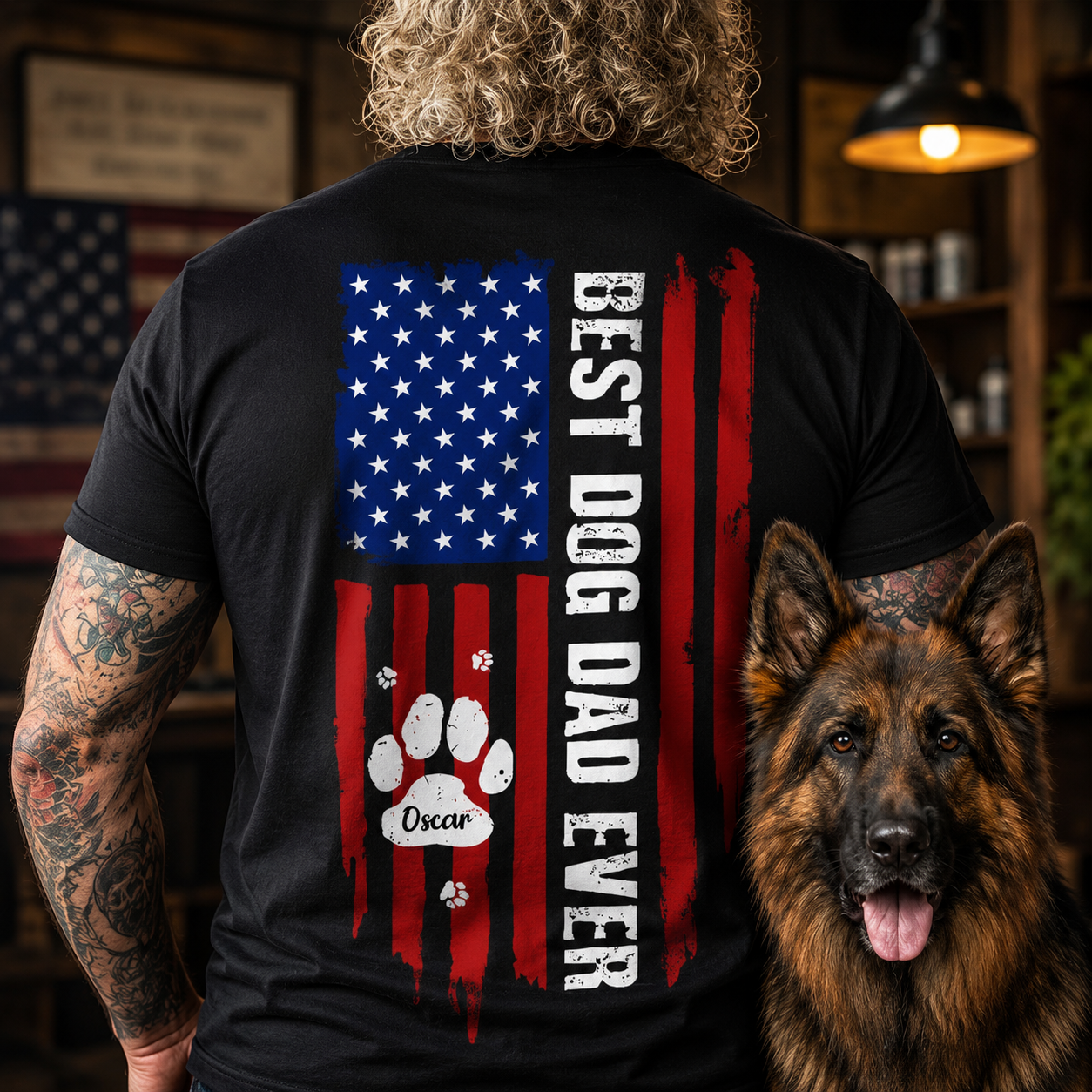 Best Dog Dad Ever American Flag Shirt – Personalized Paw Back Print