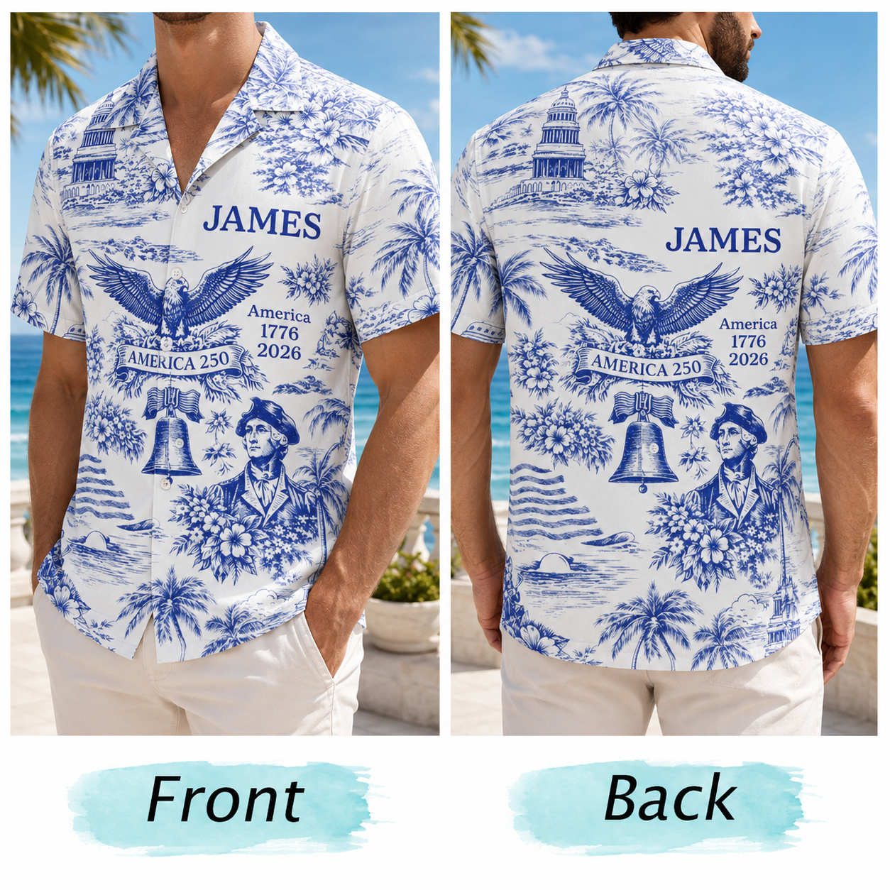 Patriotic America 250 Hawaiian Shirt – Personalized 1776–2026 250 Years of Freedom Shirt, Custom Name 4th of July Gift for Men