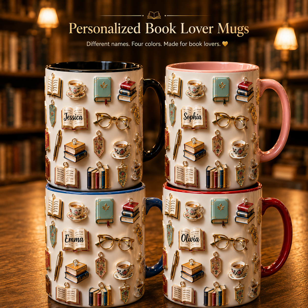 Personalized Book Lover Accent Mug 3D Effect with Custom Name, Ceramic Coffee Mug for Readers, Bookworm Gift for Women, 11oz 15oz