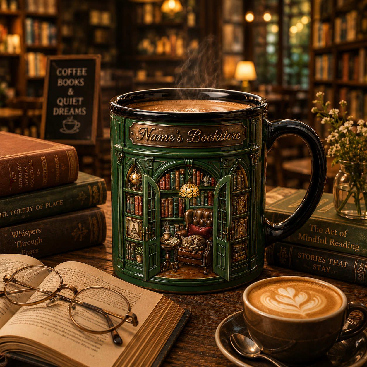 Personalized Bookstore Coffee Mug 3D Effect with Custom Name, Ceramic Book Lover Mug, Cozy Reading Gift for Readers, Librarians, 11oz 15oz