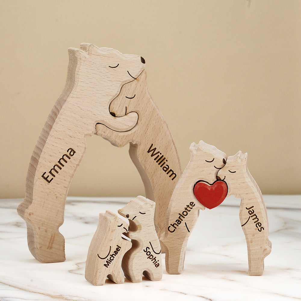 United We Stand - Family Bear Shaped Wooden Art Puzzle - Wooden Pet Carvings, Wood Sculpture Table Ornaments, Carved Wood Decor