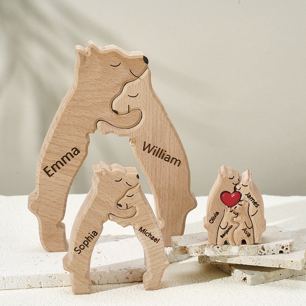 United We Stand - Family Bear Shaped Wooden Art Puzzle - Wooden Pet Carvings, Wood Sculpture Table Ornaments, Carved Wood Decor