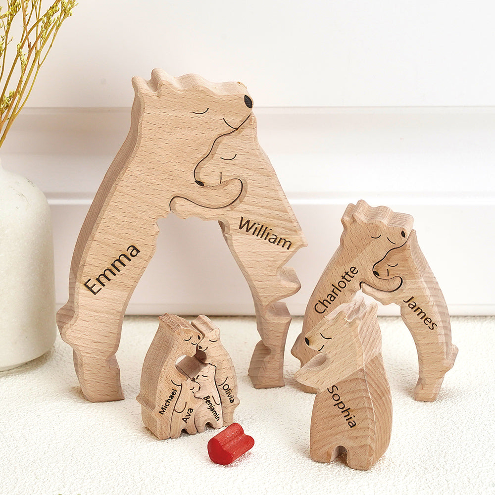 United We Stand - Family Bear Shaped Wooden Art Puzzle - Wooden Pet Carvings, Wood Sculpture Table Ornaments, Carved Wood Decor