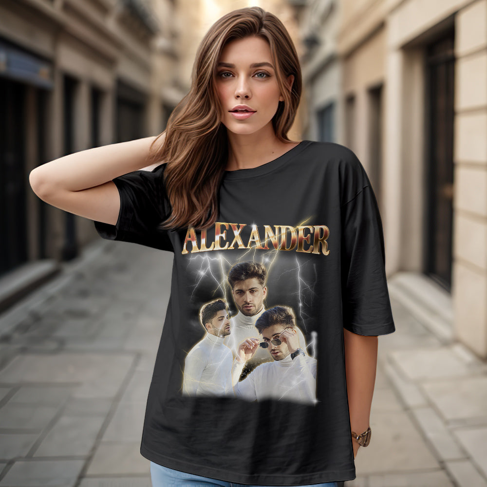 Custom Unique Vintage Photo Pet Tee, Personalized Name T-shirt Couple Gifts Black