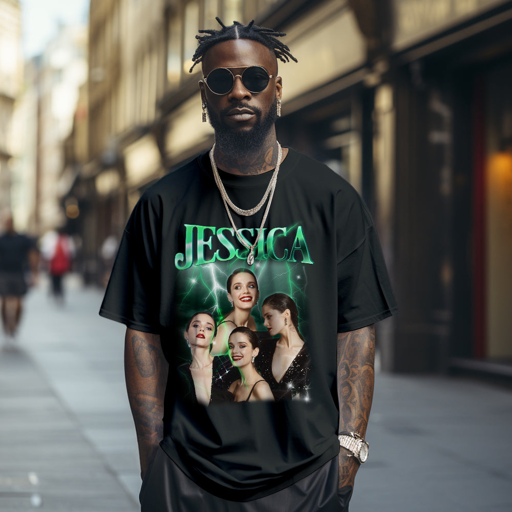 Custom Unique Vintage Photo Pet Tee, Personalized Name T-shirt Couple Gifts Black