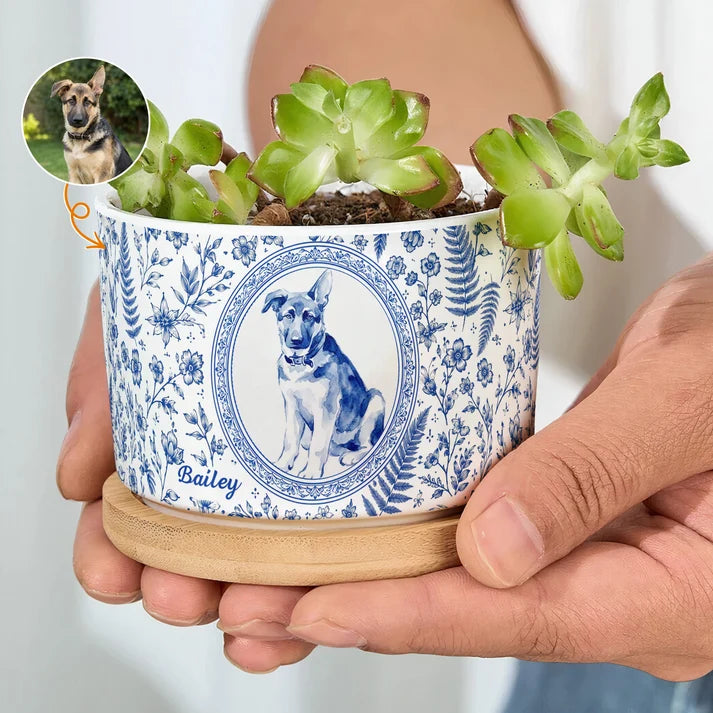 Personalized Pet Portrait Planter, Custom Dog Cat Memorial Ceramic Plant Pot with Bamboo Tray, Pet Loss Remembrance Gift for Pet Lover