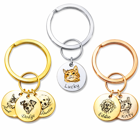 Personalized Pet Portrait Keychain, Customized Pet Photo Handmade Engraved Cat Dog Memorial Keepsake Sympathy Gifts