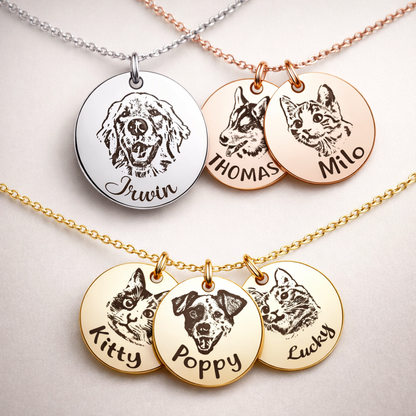 Personalisierte Tierporträt-Halskette, handgefertigtes Gedenkschmuckgeschenk, individuelle runde Scheiben-Foto-Gravur-Halskette für Tierliebhaber
