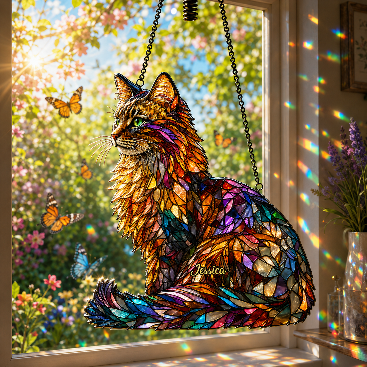 Personalized Maine Coon Cat 3D Window Hanging Suncatcher Ornament, Custom Acrylic & Wood Sun Catcher with Name, Cat Lover Gift