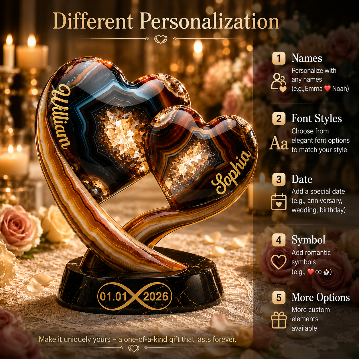 Personalized Two Heart Couple Acrylic Plaque 3D Effect with Names & Date, Custom Anniversary Gift for Husband Wife, Romantic Keepsake Decor