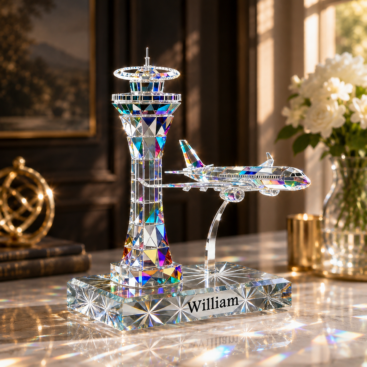 Personalized Air Traffic Control Tower 3D Effect Acrylic Plaque with Custom Name, Aviation Gift for Pilot, Airplane Desk Decor, Crystal Display