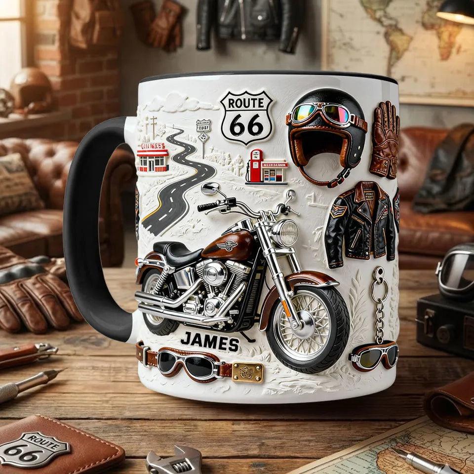 Personalized Motorcycle Biker Accent Mug, Custom 11oz Ceramic Coffee Cup with Stirrer, Gift for Biker Dad Husband Motorcycle Rider