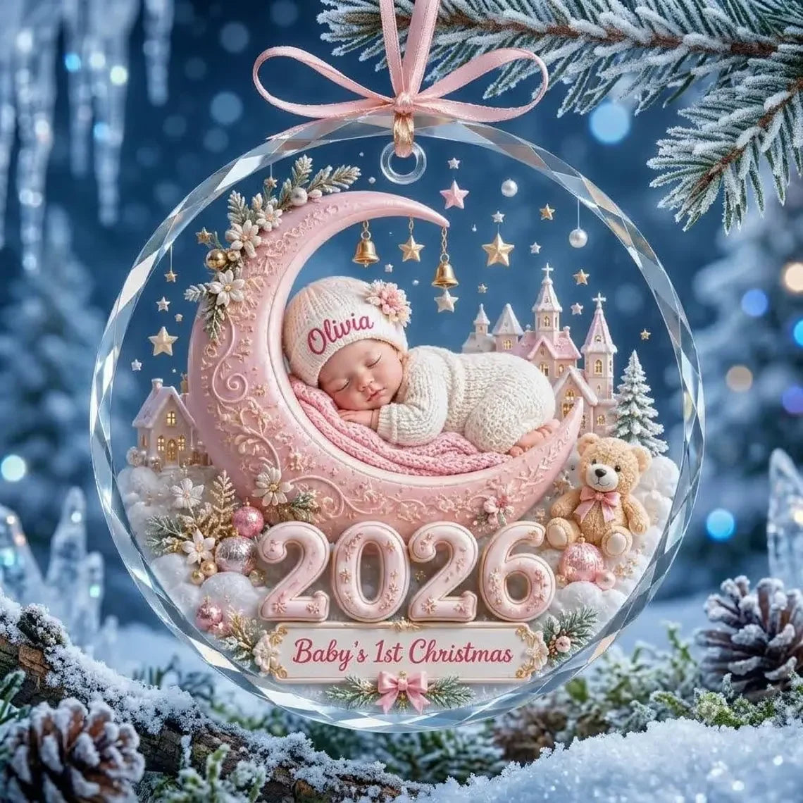 Personalized Baby First Christmas Crystal Ornament with Name, Custom 2026 Sleeping Baby Moon Keepsake, Newborn Gift for Parents Grandparents