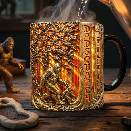 Personalized Sasquatch Dad Magic Mug, Proud American Bigfoot Ceramic Coffee Cup, Father’s Day Birthday Gift for Dad Grandpa Husband
