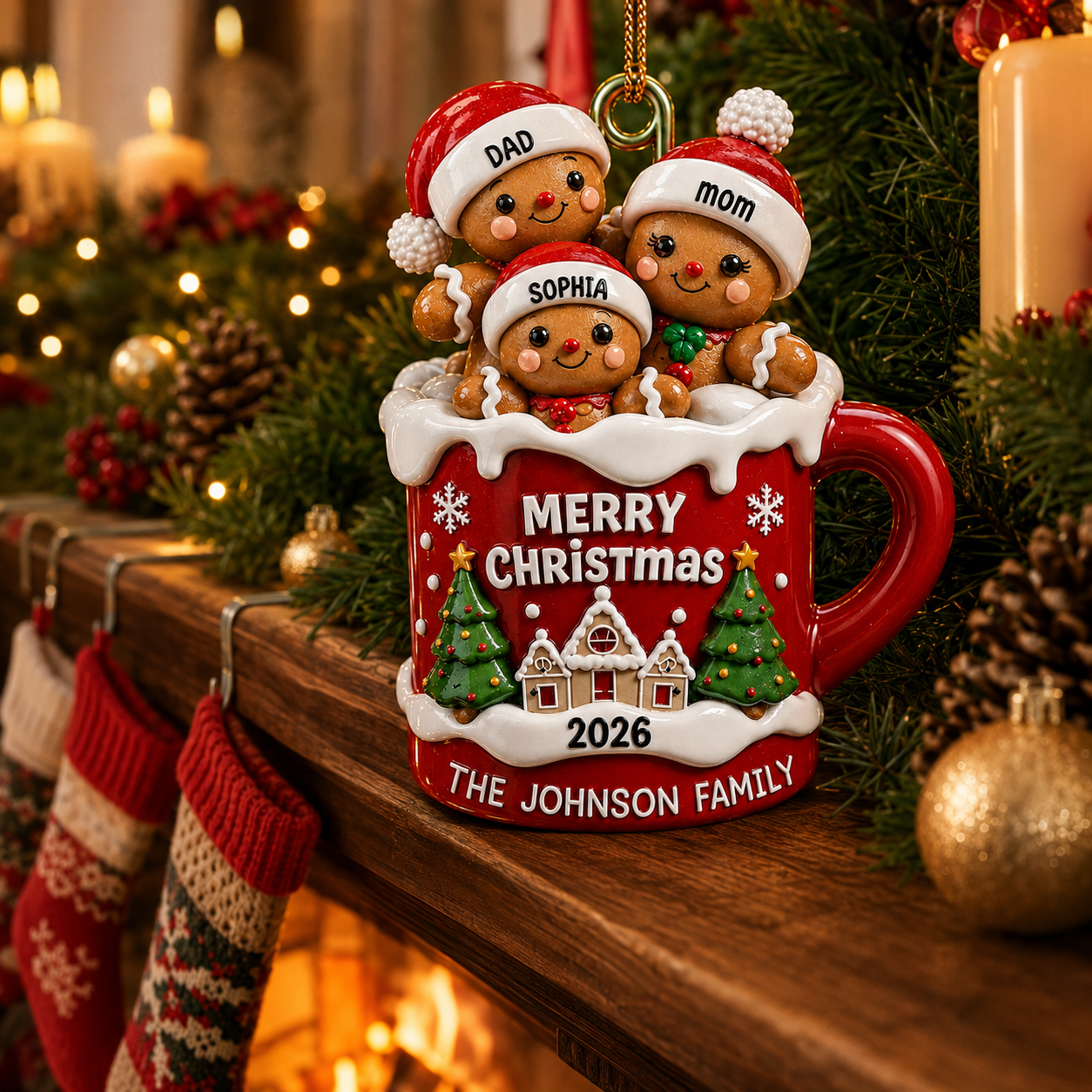 Personalized Gingerbread Family 3D Effect Hot Cocoa Christmas Ornament, Custom Family Name Acrylic Christmas Tree Ornament, Holiday Gift for Family