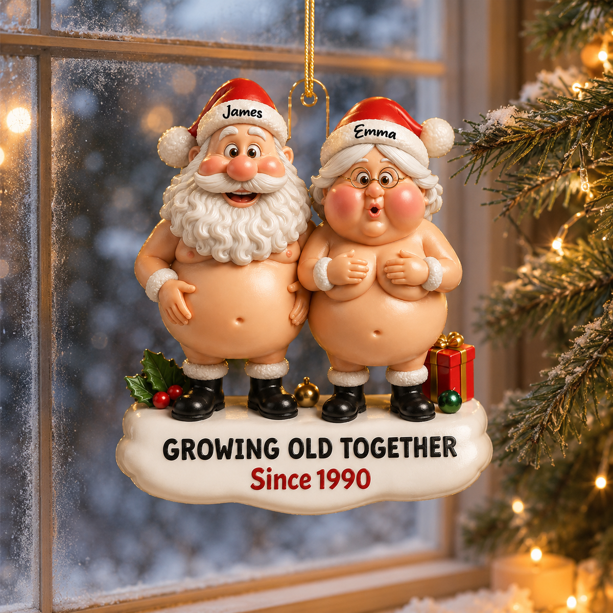 Funny Personalized Christmas 3D Couple Ornament, Custom Mr & Mrs Claus Acrylic Ornament, Growing Old Together Since Keepsake, Christmas Gift for Couples