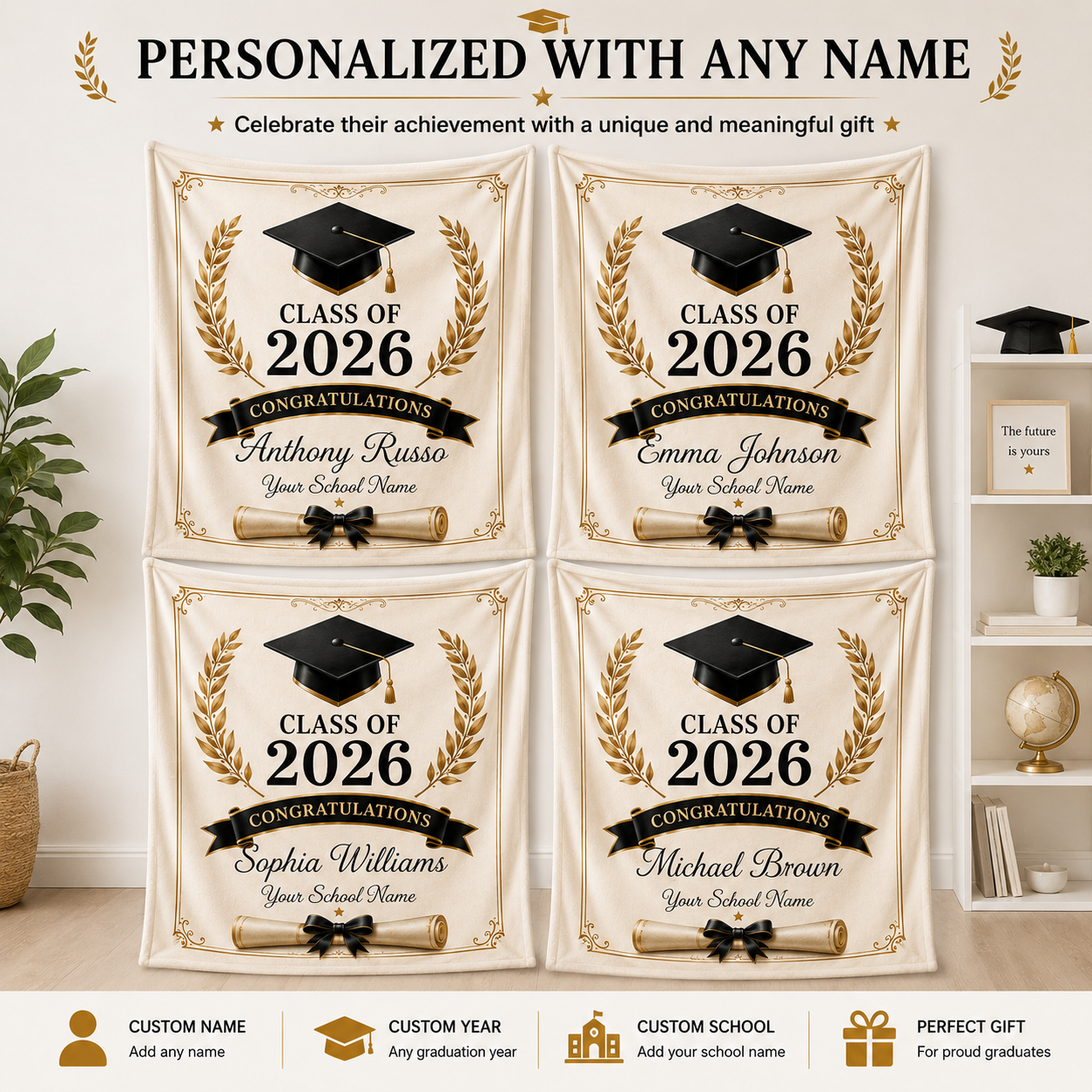Personalized Graduation Blanket Class of 2026, Custom Senior Graduation Fleece Blanket with Name & School, Graduation Gift for High School College Graduate