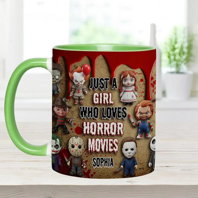 Personalized Horror Movie 3D Effect Accent Mug, Just A Girl Who Loves Horror Movies Ceramic Coffee Cup, Halloween Gift for Horror Fan Women