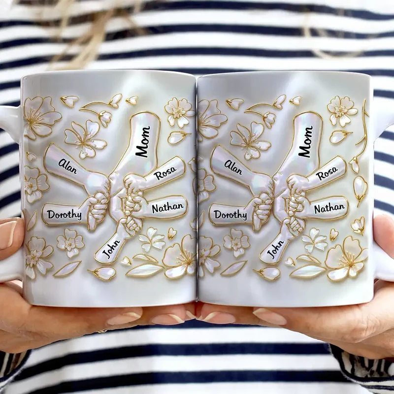 Personalized Mom Grandma 3D Effect Mug with Names, Custom Hand in Hand Nacre Ceramic Cup, Mother’s Day Gift for Mom Grandma Nana