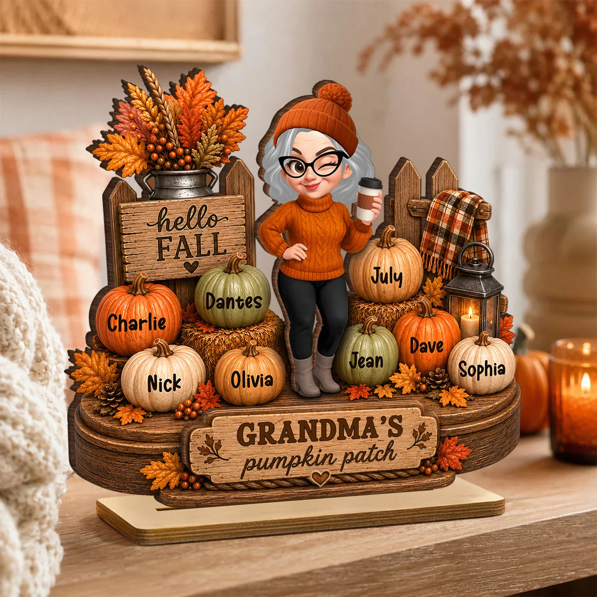 Personalized Grandma Pumpkin Patch Wooden Plaque with Grandkids Names, Custom 2-Layer Fall Decor, Thanksgiving Gift for Grandma Nana