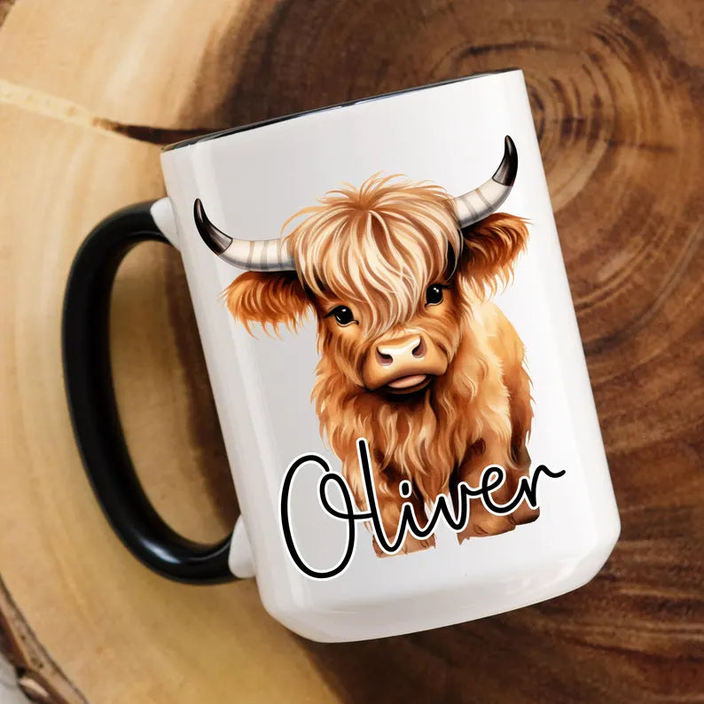 Personalized Highland Cow Coffee Mug, Custom Cute Cow Ceramic Cup, Gift for Cow Lover Women Friend Mom Birthday Gift for Her