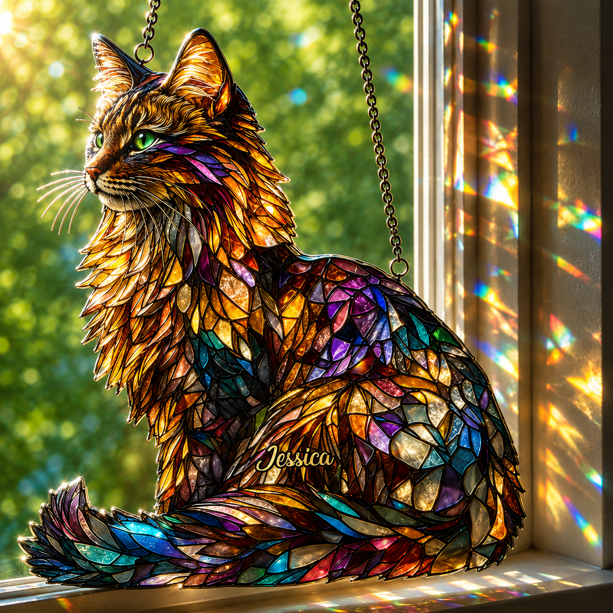 Personalized Maine Coon Cat 3D Window Hanging Suncatcher Ornament, Custom Acrylic & Wood Sun Catcher with Name, Cat Lover Gift