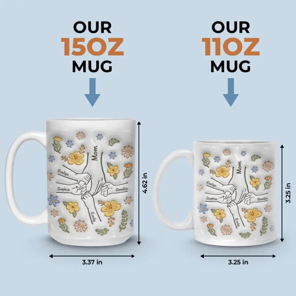 Personalized Mom Mug 3D Effect  with Names, You Hold Our Hands Also Our Hearts Ceramic Cup, Mother’s Day Gift for Mom Grandma Wife