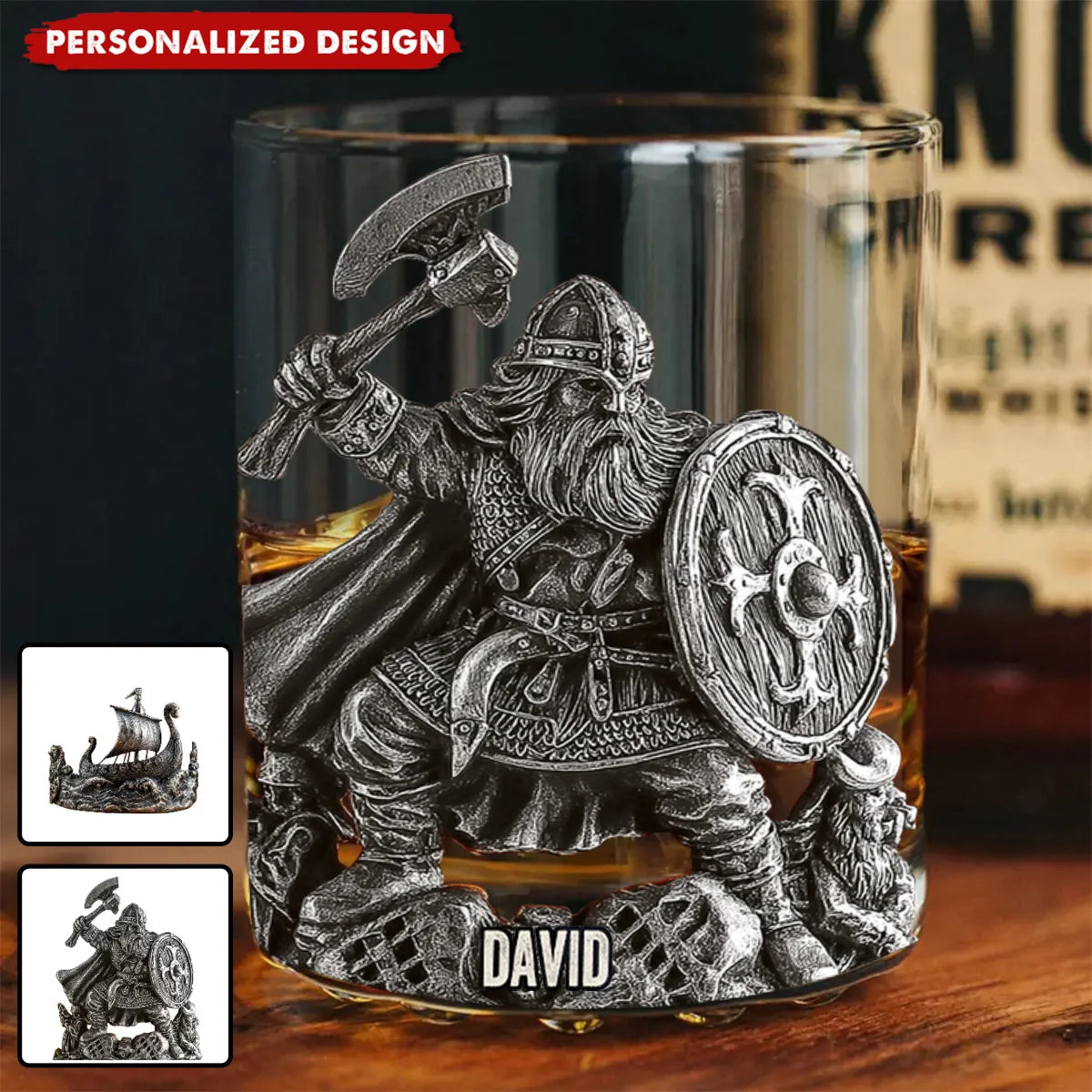 Personalized Viking Whiskey Glass 3D Effect with Name, Custom Norse Warrior 11 oz Rocks Glass, Viking Gift for Dad Husband Boyfriend