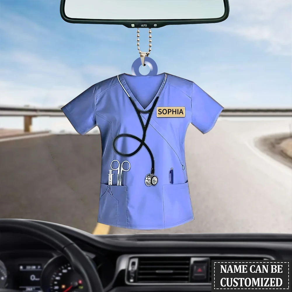 Personalized Nurse Scrubs 3D Effect Car Ornament with Name, Custom RN Uniform Hanging Charm, Gift for Registered Nurse Nursing Student