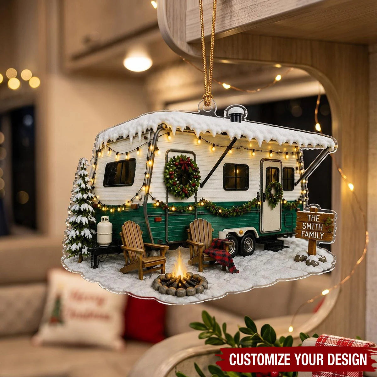 Personalized Camping Trailer Christmas Ornament, Custom RV Family Acrylic Keepsake, Gift for Camper Couple Parents Grandparents Travelers