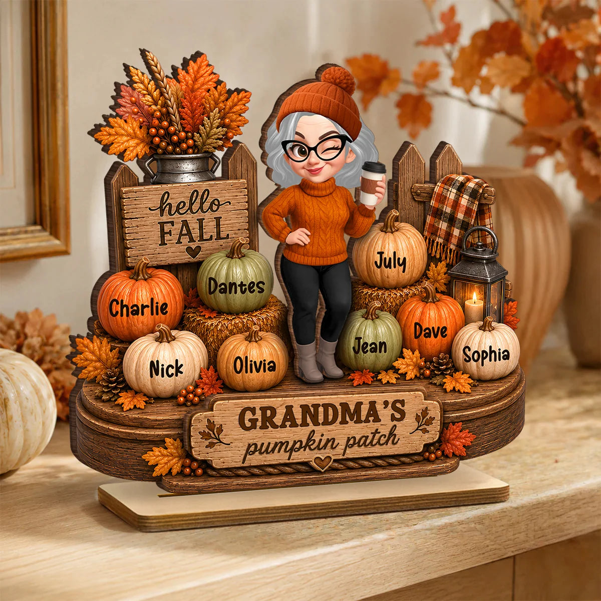 Personalized Grandma Pumpkin Patch Wooden Plaque with Grandkids Names, Custom 2-Layer Fall Decor, Thanksgiving Gift for Grandma Nana