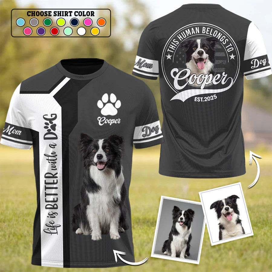 Personalized Dog Photo Shirt with Pet Name, Custom This Human Belongs to Dog T-Shirt, Gift for Dog Mom Dad Pet Lover