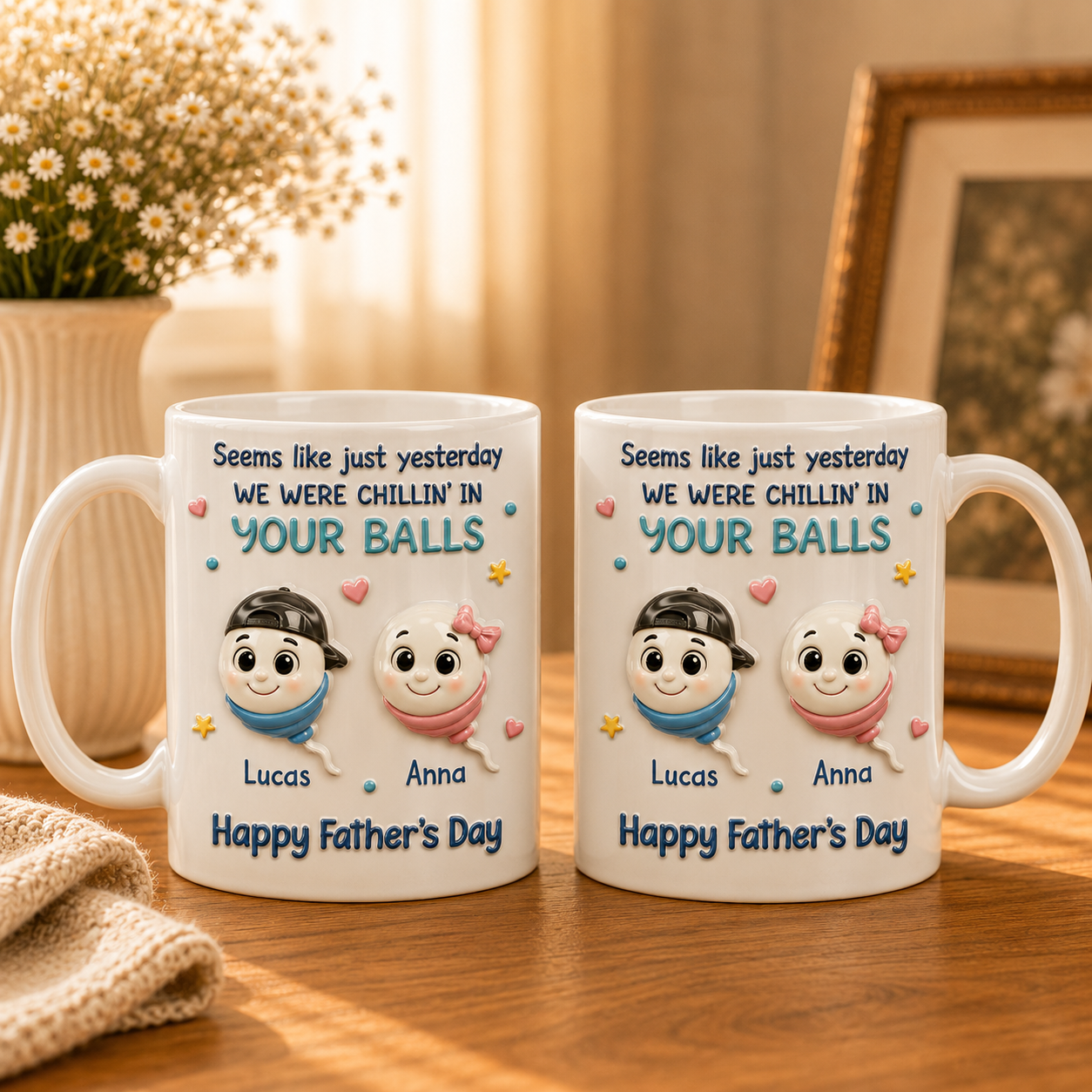 Personalisierte Vatertags-Tasse von Kindern – Lustiges „Wir waren in deinen Eiern und haben gechillt“-Geschenk für Papa