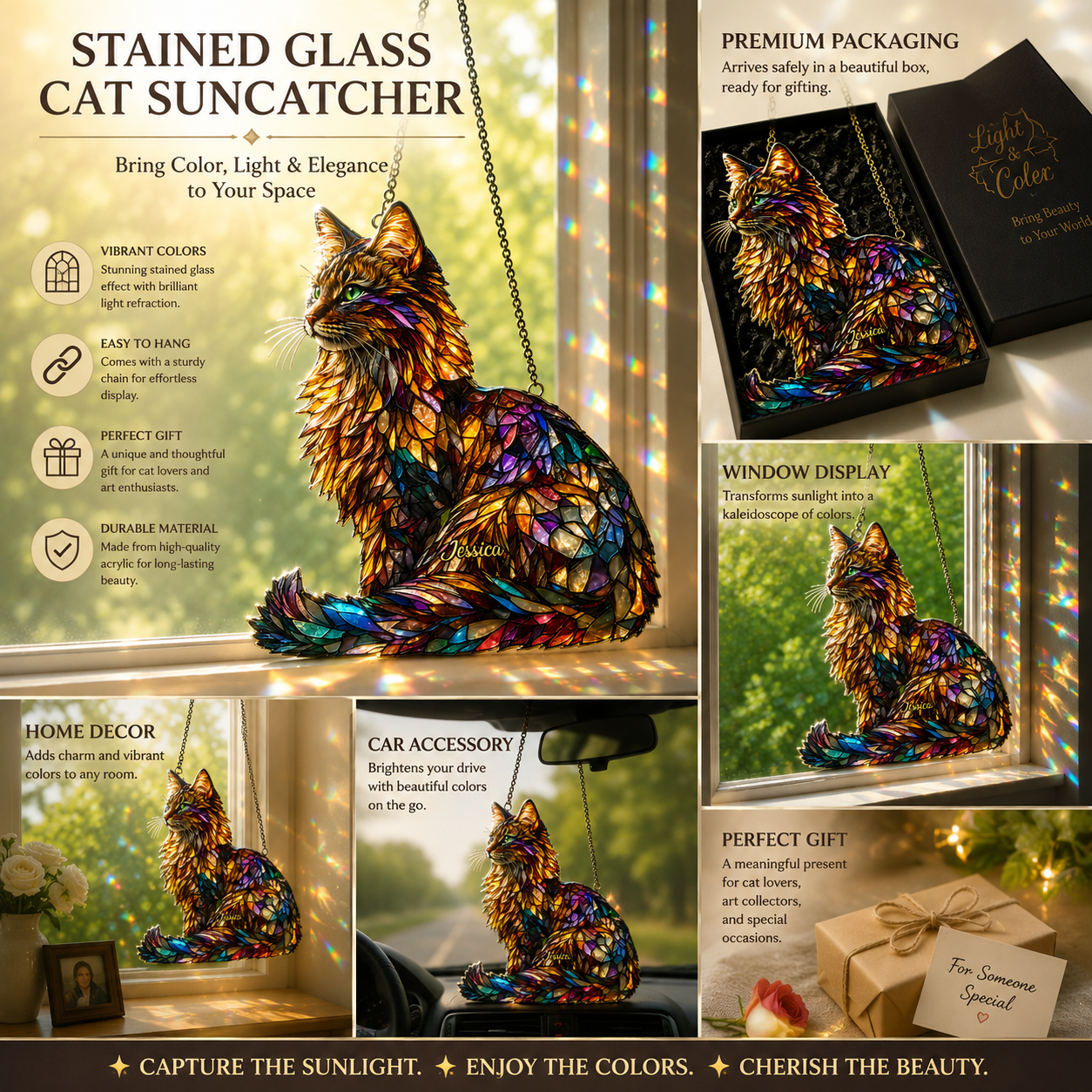 Personalized Maine Coon Cat 3D Window Hanging Suncatcher Ornament, Custom Acrylic & Wood Sun Catcher with Name, Cat Lover Gift