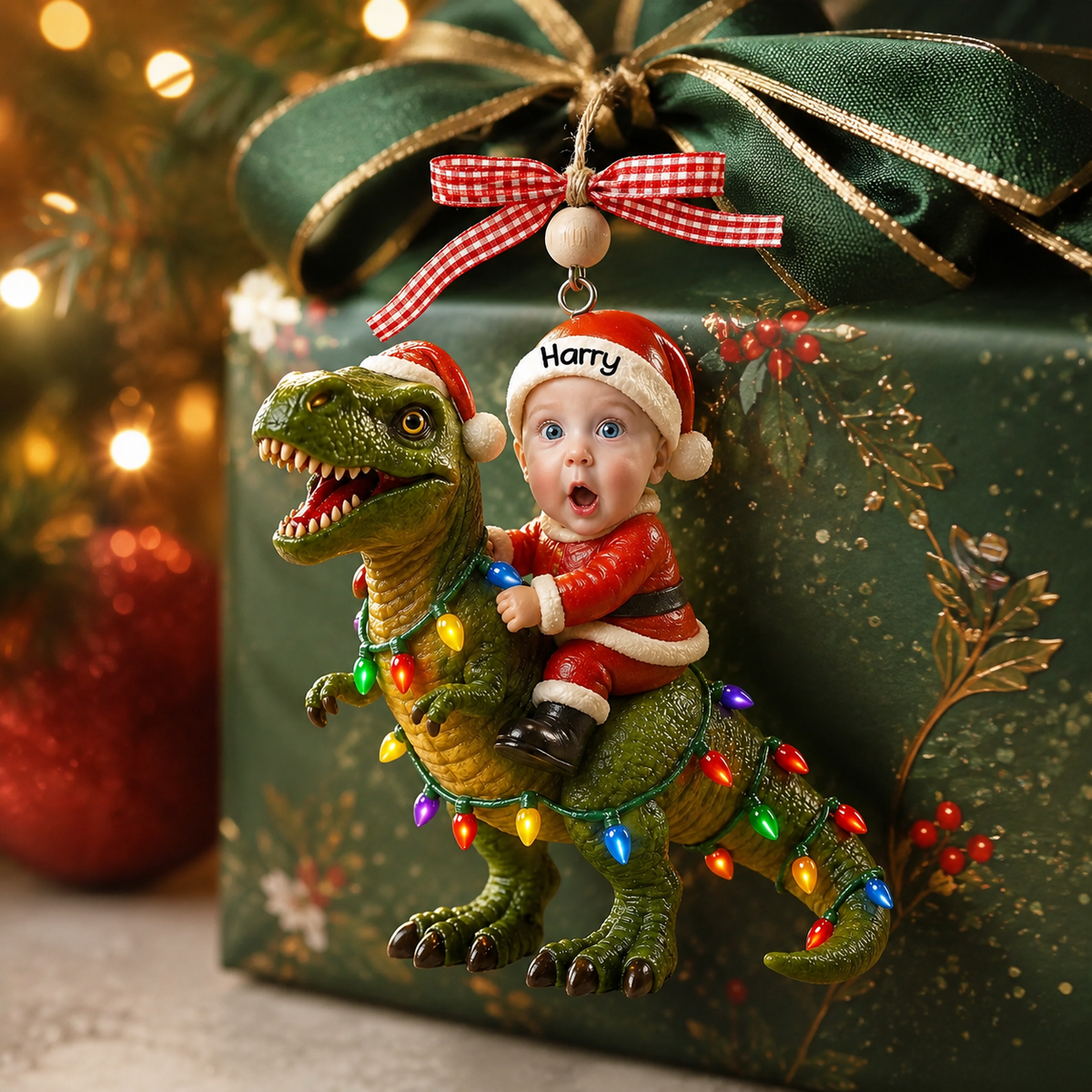 Custom Photo Santa 3D Effect Riding Dinosaur Ornament, Personalized Kid Christmas Ornament, Acrylic T-Rex Christmas Tree Decoration Gift