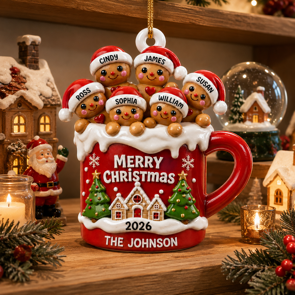 Personalized Gingerbread Family 3D Effect Hot Cocoa Christmas Ornament, Custom Family Name Acrylic Christmas Tree Ornament, Holiday Gift for Family