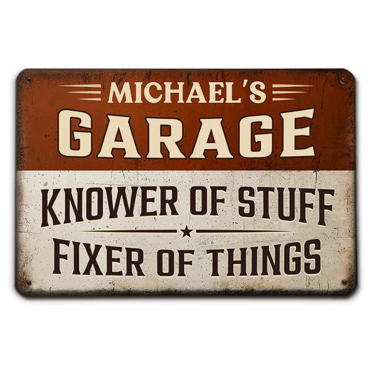 Personalized Knower and Fixer Metal Sign, Custom Aluminum Garage Workshop Sign with Name, Gift for Dad Husband Grandpa Handyman Mechanic