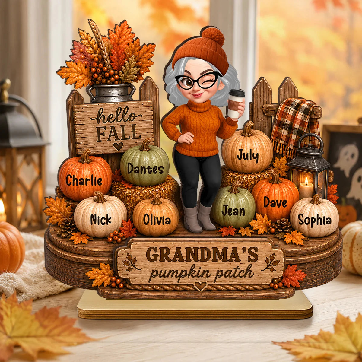 Personalized Grandma Pumpkin Patch Wooden Plaque with Grandkids Names, Custom 2-Layer Fall Decor, Thanksgiving Gift for Grandma Nana