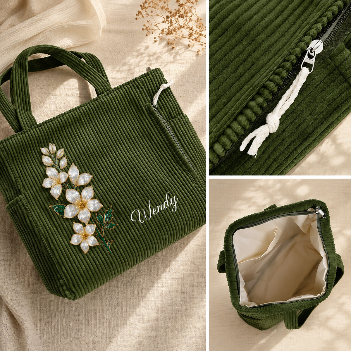 Personalized Birth Flower Tote Bag, Custom Name Corduroy Handbag with Mother of Pearl Floral Design, Birthday Gift for Women Mom