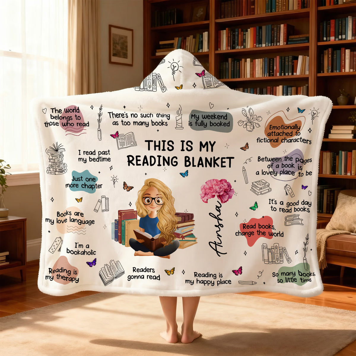 Personalized Book Lover Blanket with Name & Birth Flower, Custom Reading Quote Throw Blanket, Gift for Bookworm Women Friends
