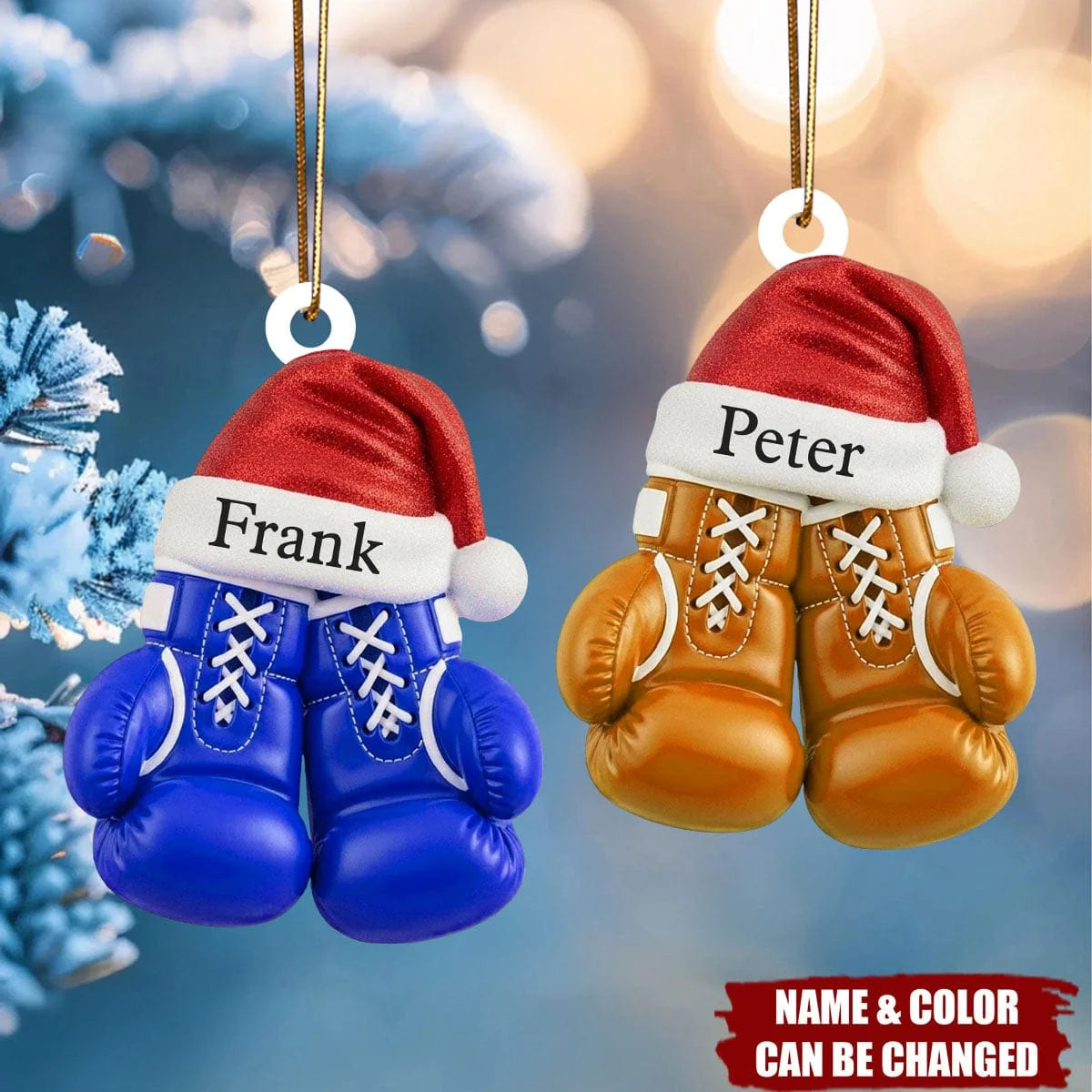 Personalized Boxing Gloves Christmas Ornament with Name, Custom Boxer Acrylic Keepsake with Santa Hat, Gift for Boxer Boxing Coach Fighter