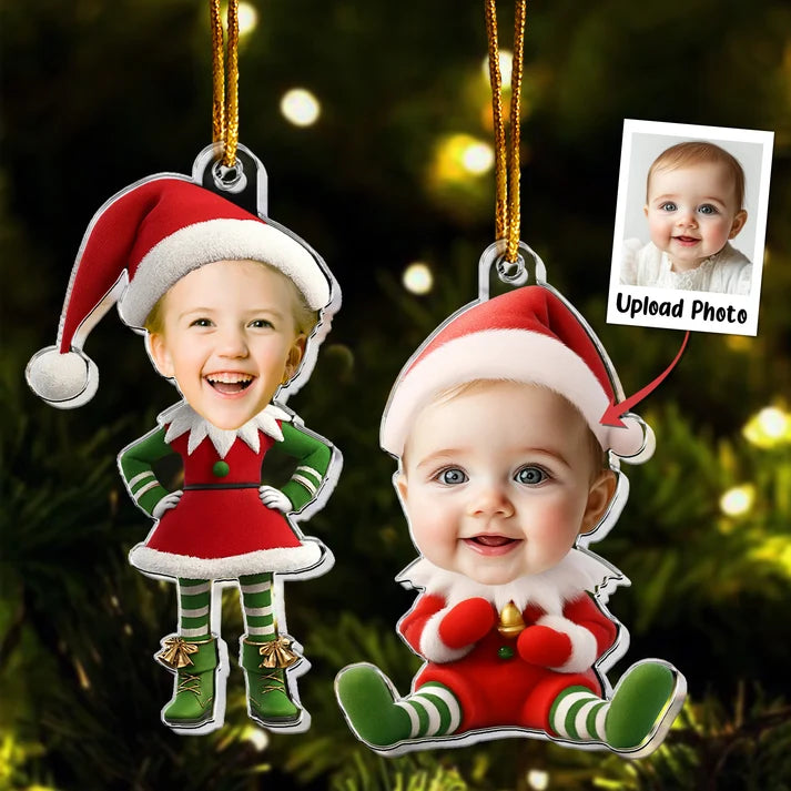 Personalized Kid Face Elf Christmas Ornament, Custom Baby Boy Girl Photo Acrylic Keepsake, Gift for Parents Grandparents